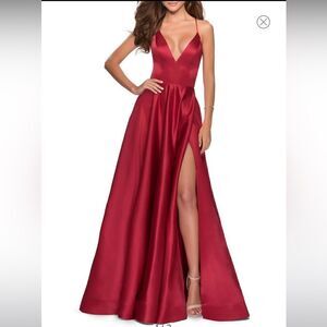 La Femme Strappy Back Satin Ballgown in Deep Red.Size 2